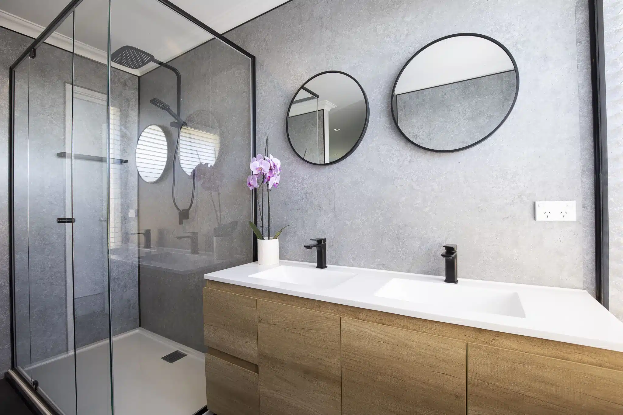 concrete-look wet wall bathroom panels